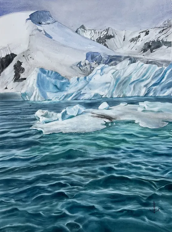 Юлия Барминова. Айсберги и горы над холодным морем. Акварель